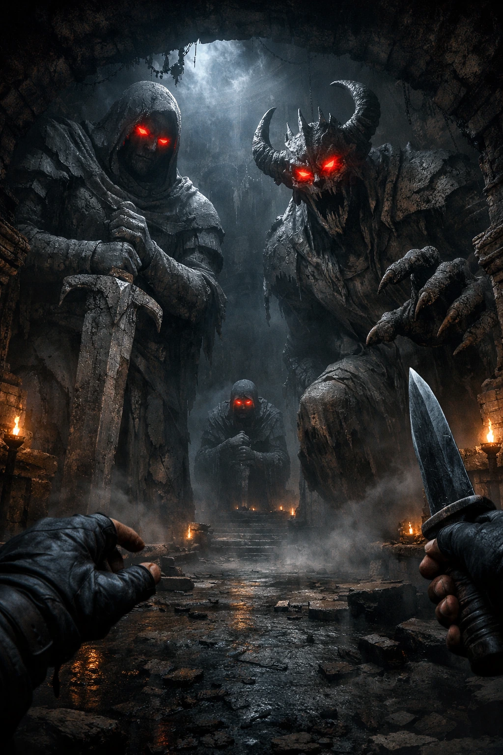 Terrifying Double Dungeon statues capturing the starting vibe of Solo Leveling Arise.