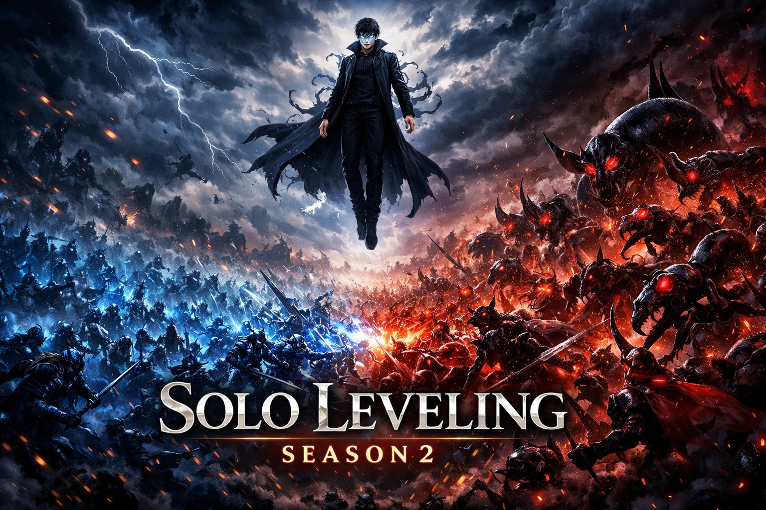 Epic cinematic promotional poster for Solo Leveling Season 2 featuring Sung Jin-Woo.