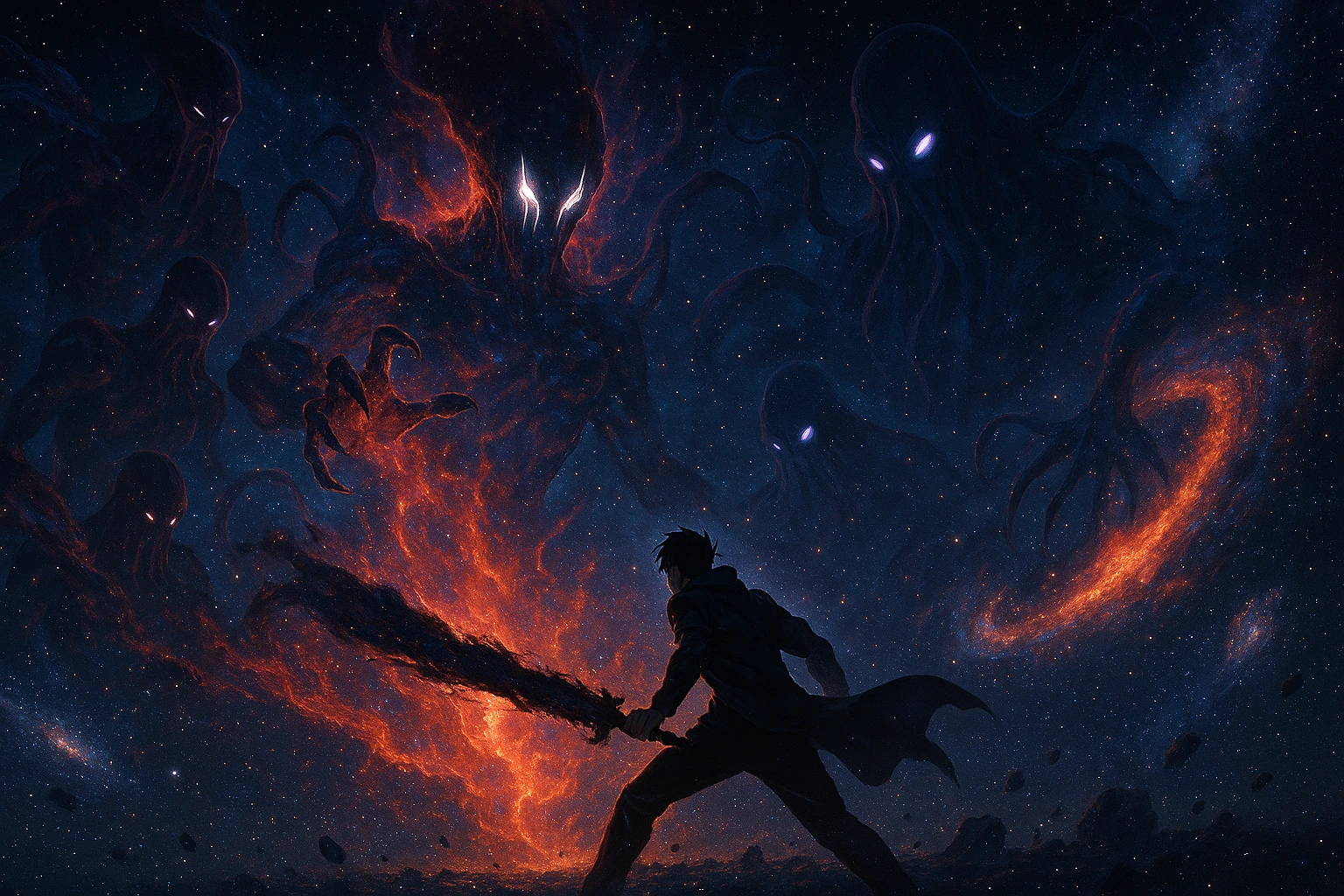 Sung Jin-woo fighting cosmic beings in deep space.