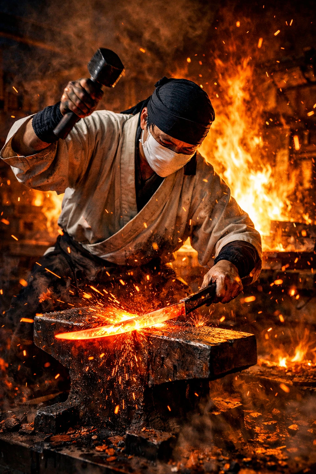 A master artisan enduring extreme heat in the forge to create Nichirin Blades.