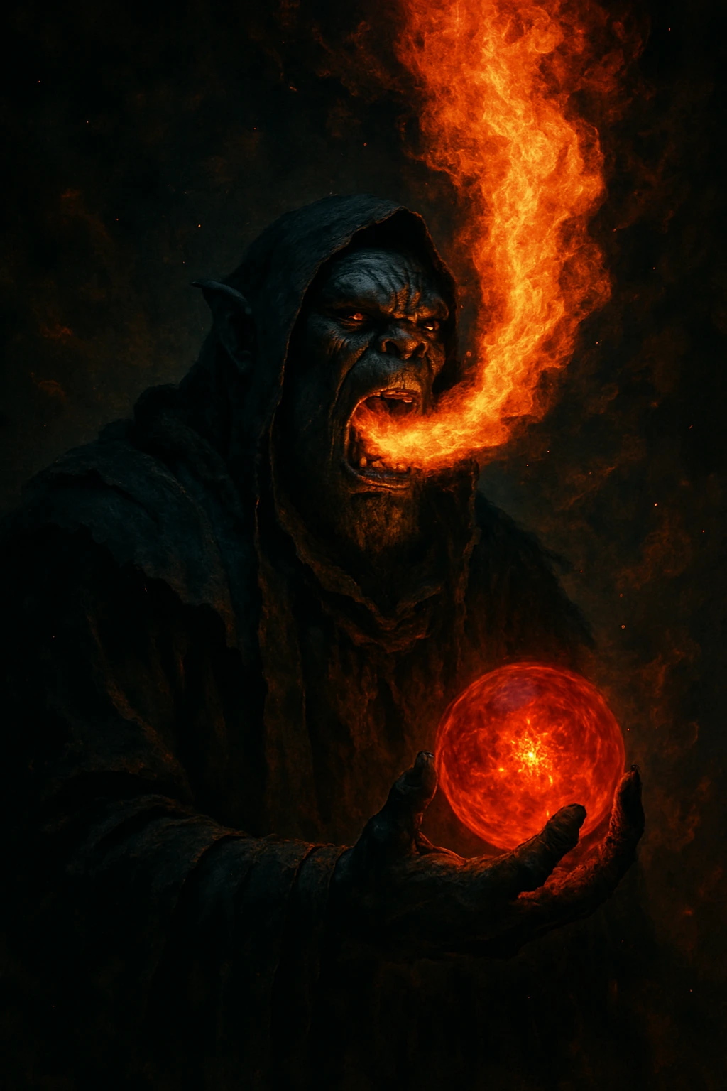 Tusk, the High Orc Shaman, preparing to cast a devastating fire spell as a Shadow Soldier.