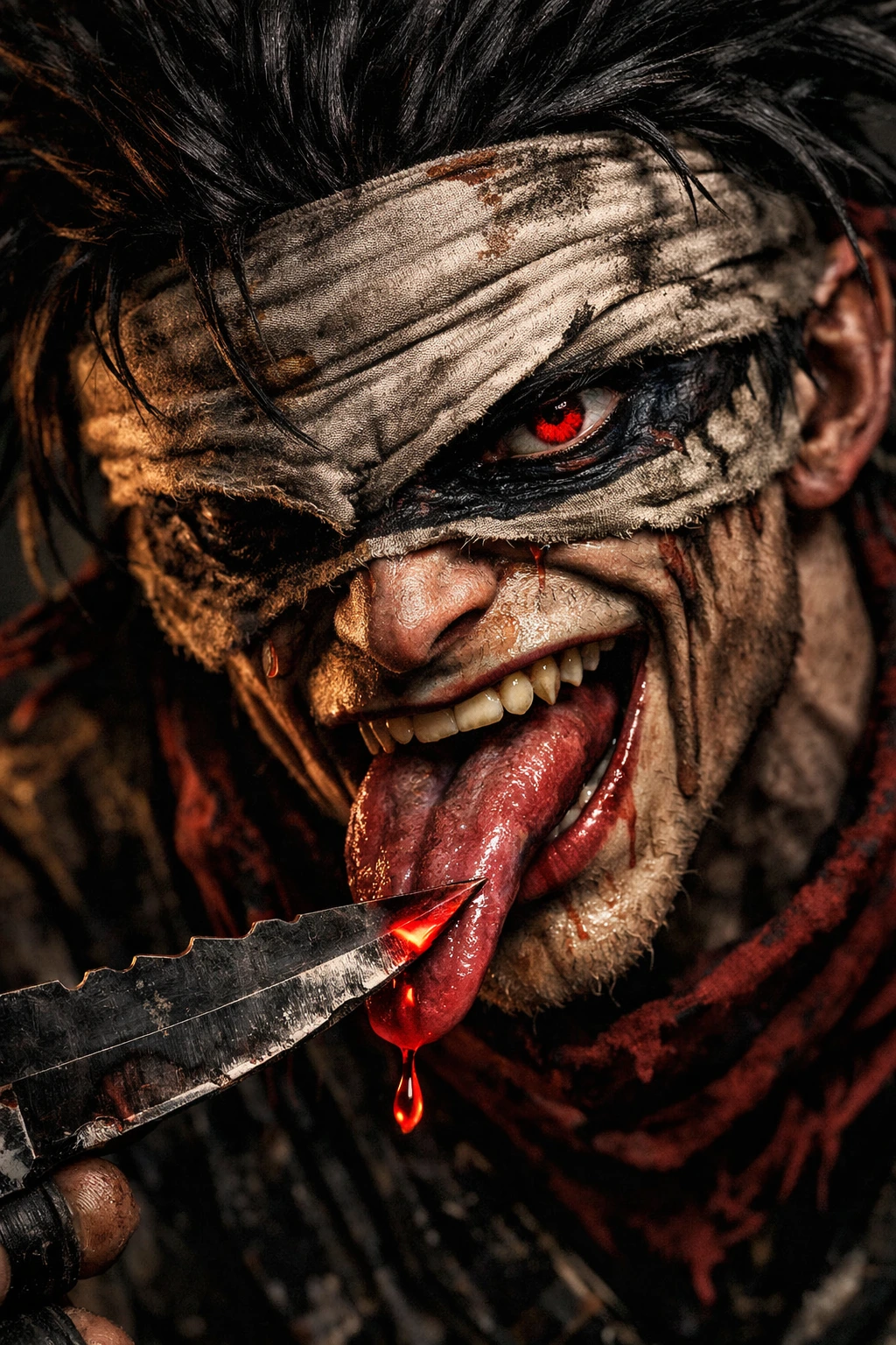 Hero Killer Stain activating his Bloodcurdle Quirk by licking a blade.