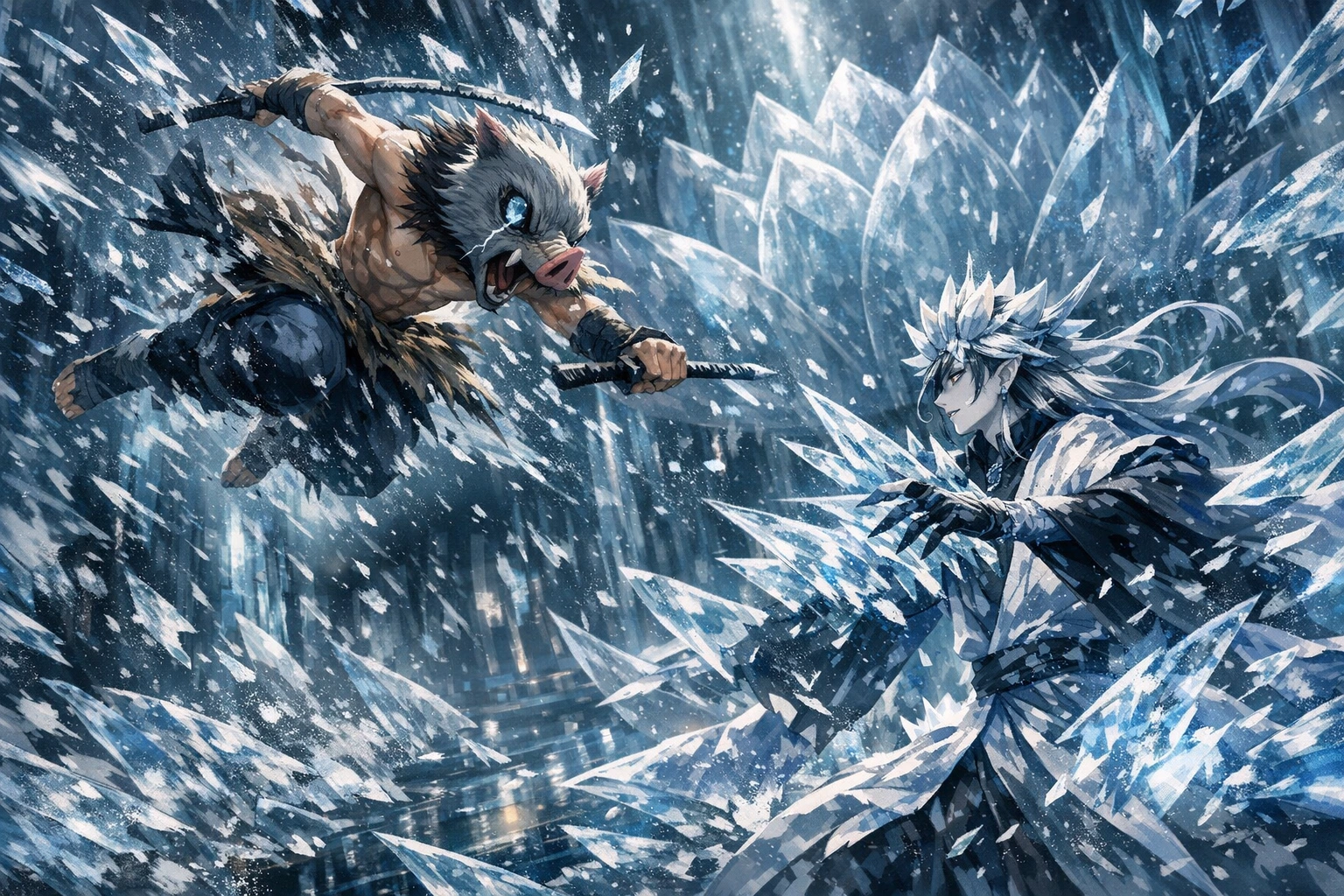 The emotional evolution of Inosuke Hashibira Beast Breathing during his fight against Upper Moon 2.