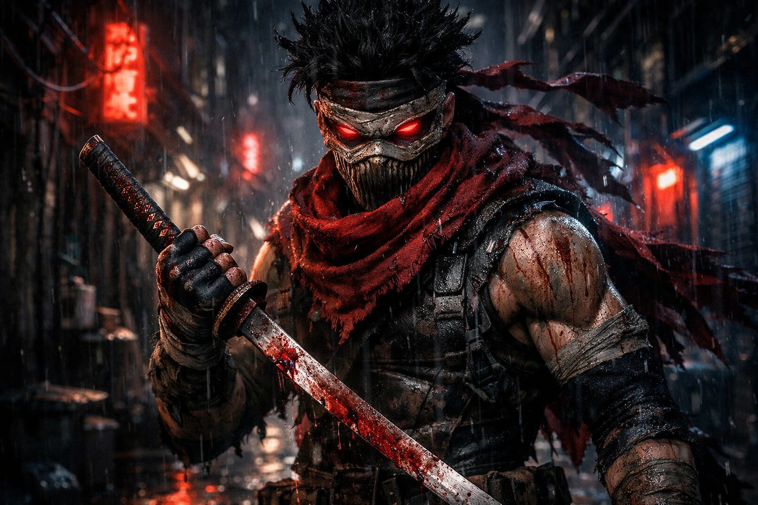 Hero Killer Stain standing in a dark alleyway holding his blood-stained katana.