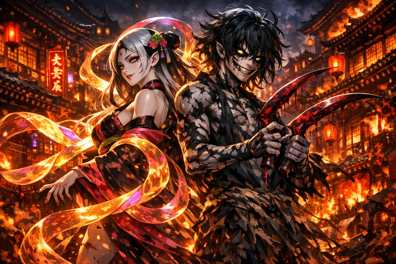 The devastating power and terrifying aura of Upper Moon 6 Gyutaro and Daki in Yoshiwara.