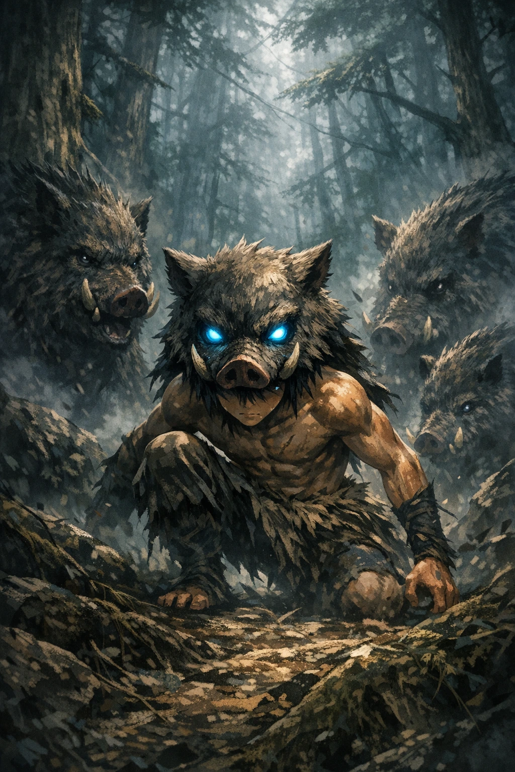 Inosuke Hashibira Beast Breathing origin and feral evolution on Mt. Omoe alongside wild boars.