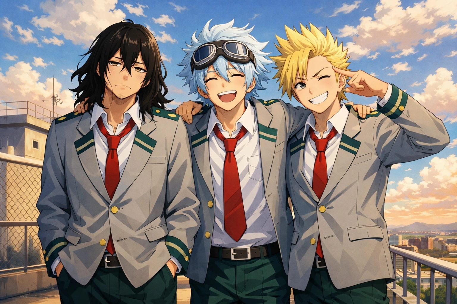 The golden trio of Aizawa, Yamada, and Shirakumo My Hero Academia on U.A. roof.