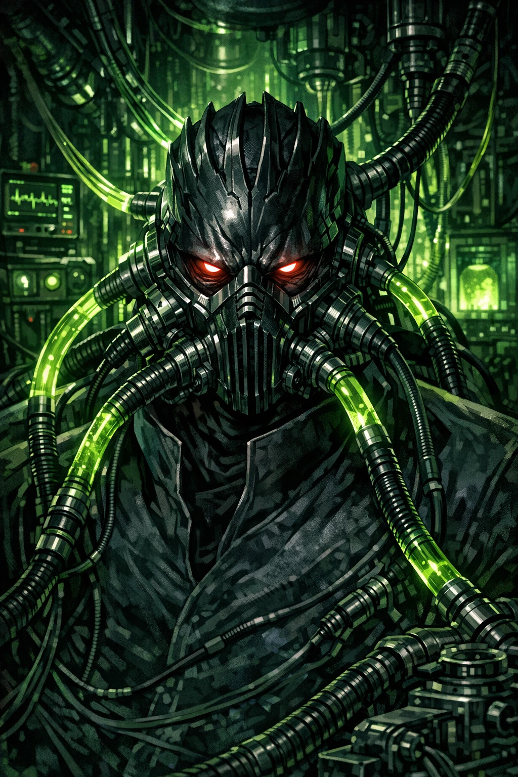 All For One relying on his iconic life support mask to survive.