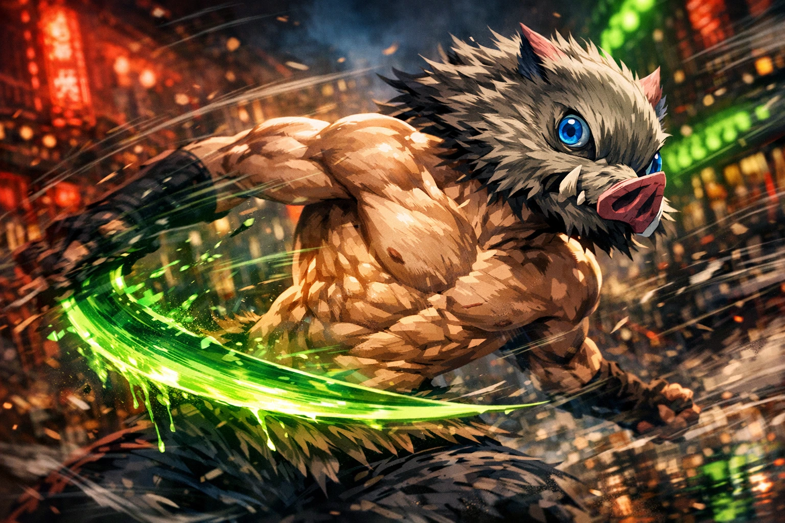 Inosuke Hashibira Beast Breathing technique shifting internal organs to survive Gyutaro's poison sickle.