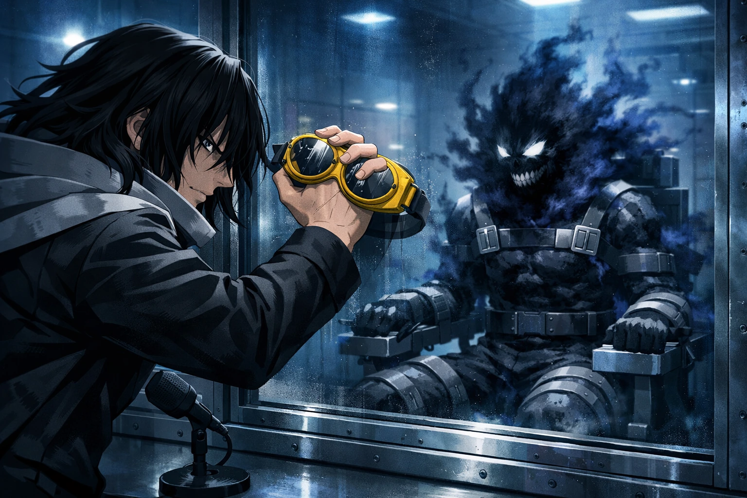 Eraser Head interrogates the Nomu form of Shirakumo My Hero Academia in prison.