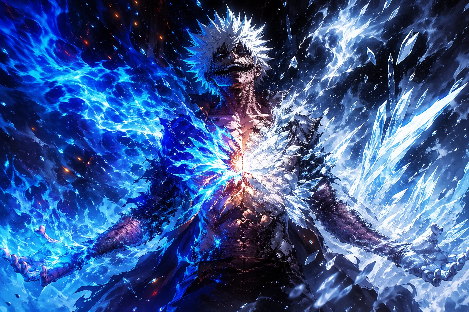 The final suicidal Phosphor awakening of Touya Todoroki in battle.