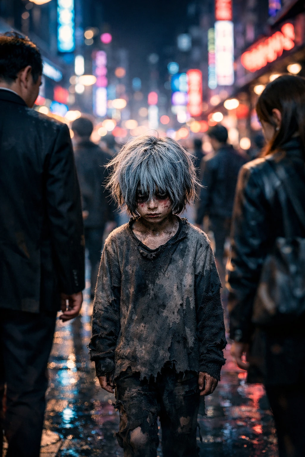 A traumatized Tenko Shimura ignored by society in the streets.