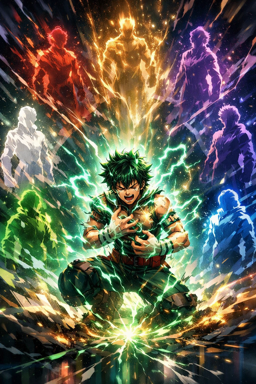 Deku containing the overwhelming power of the Quirk Singularity Doomsday Theory.