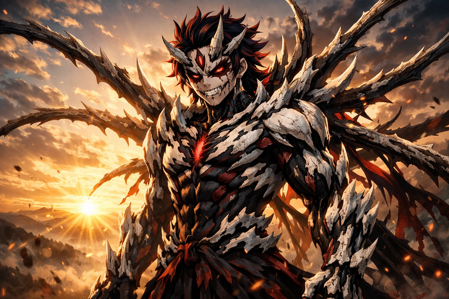 The epic and terrifying transformation of Demon King Tanjiro standing in the sunlight.