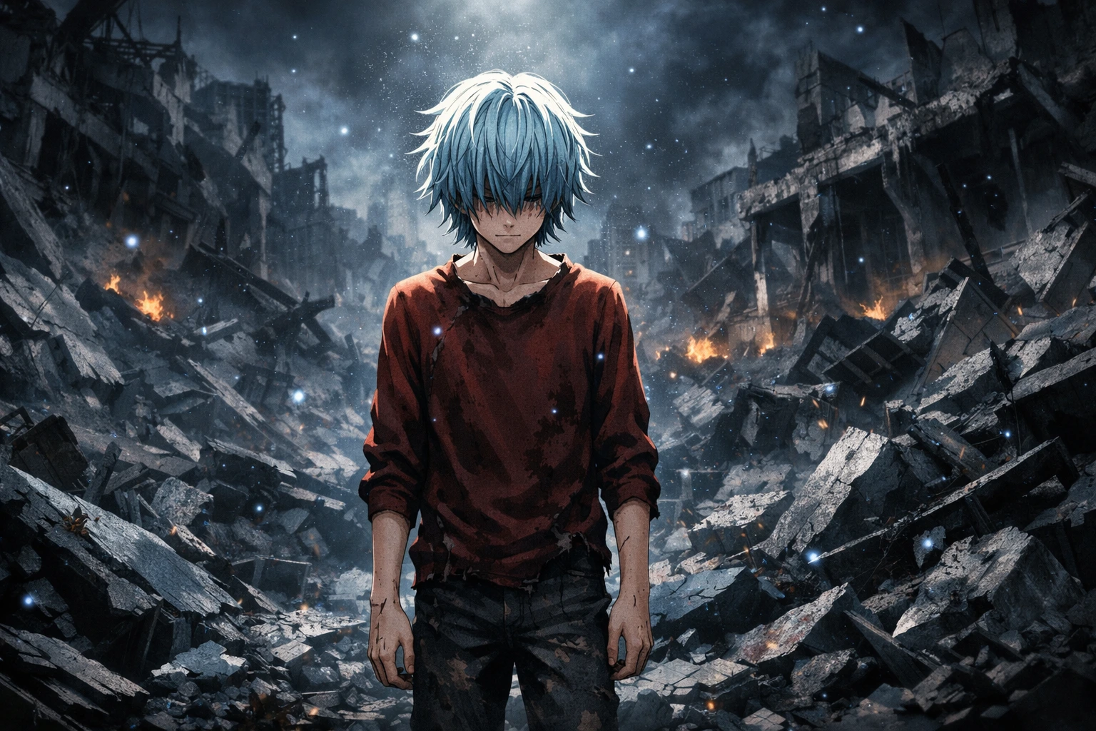 Epic cinematic look of Tenko Shimura standing in the ruins.