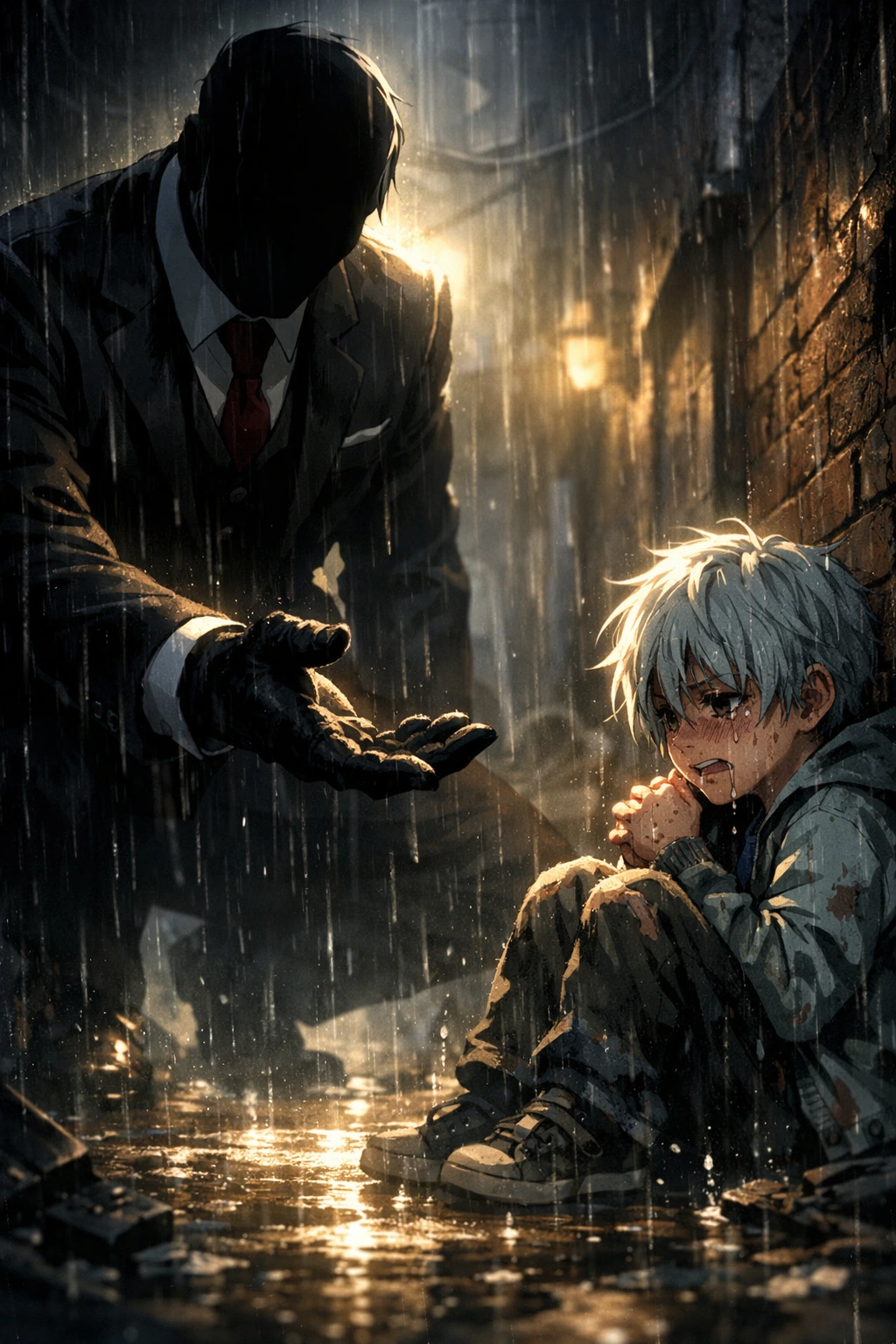 All For One manipulating a young Tenko Shimura in an alley.