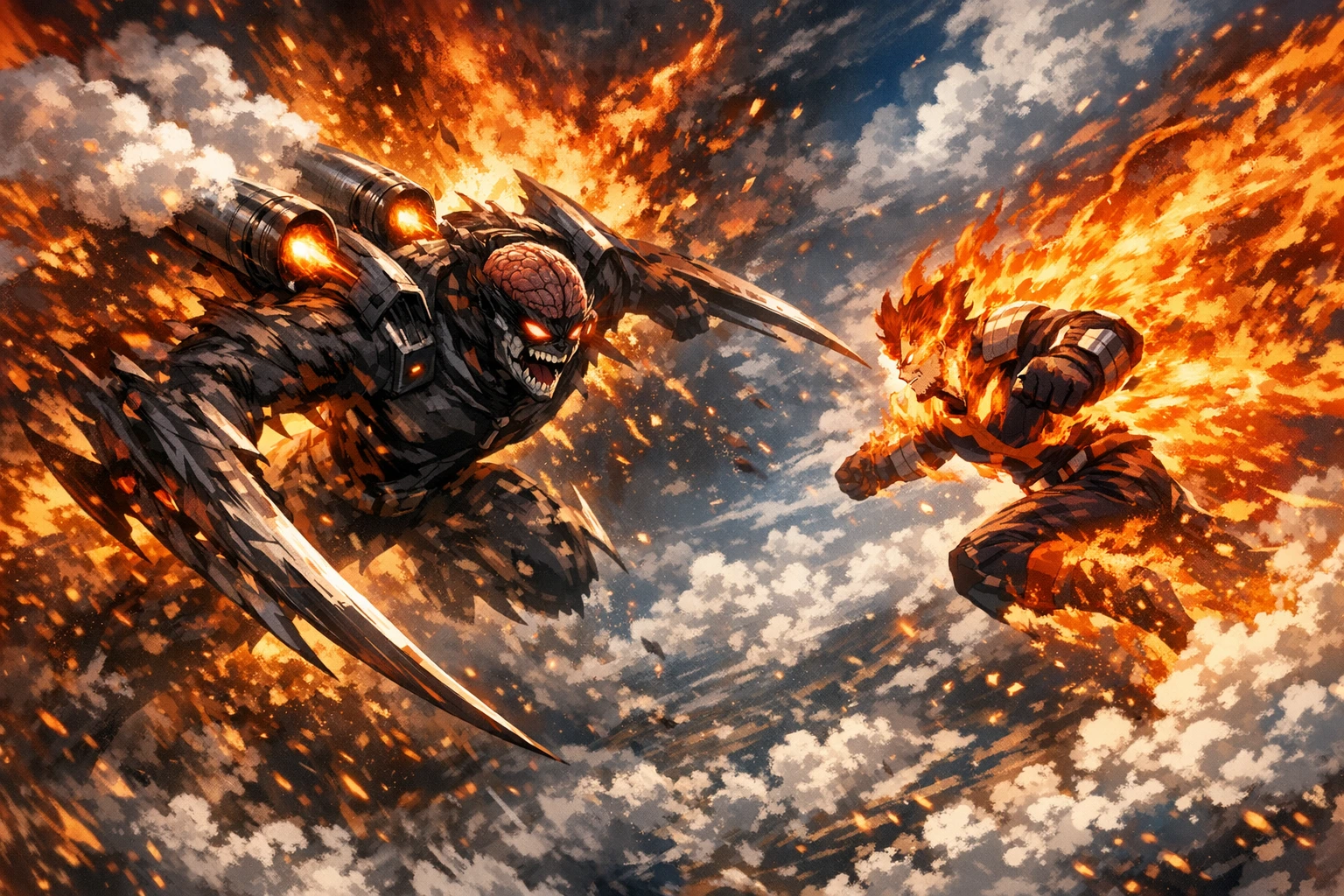 The High-End Hood Nomu My Hero Academia fighting in the sky.