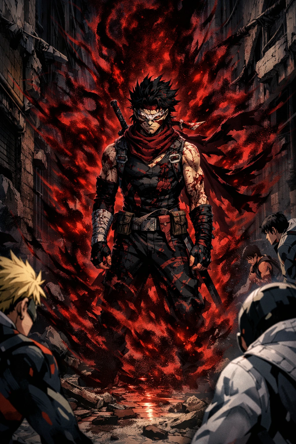 Hero Killer Stain unleashing his terrifying aura of killing intent against the Pro-Heroes.