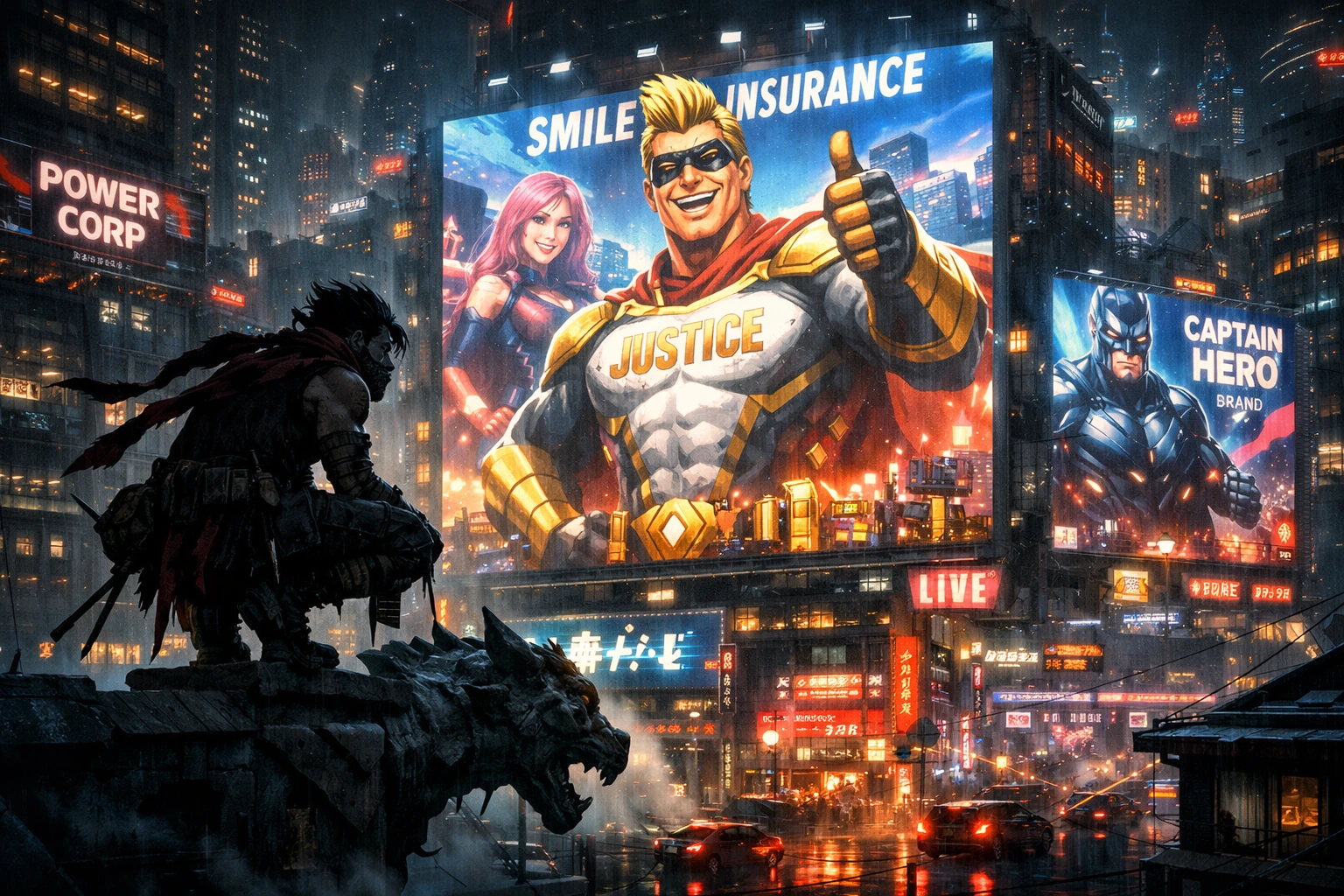 Hero Killer Stain looking up at a massive, glowing billboard of a Fake Hero.