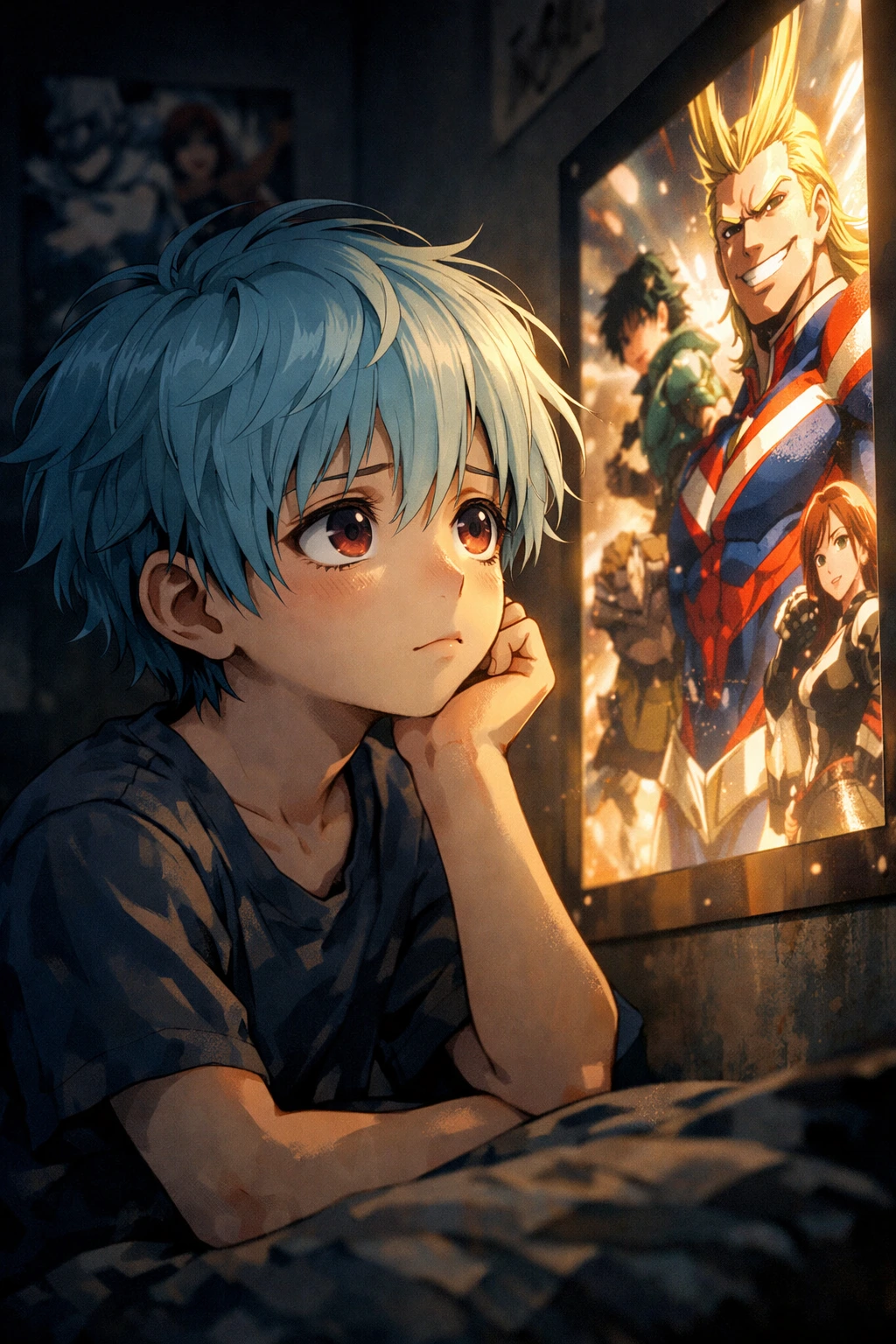 A sad young Tenko Shimura looking at hero posters.