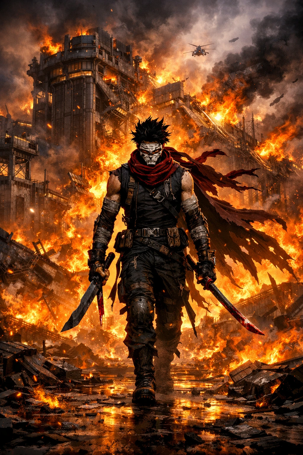 Hero Killer Stain walking out of the burning ruins of Tartarus prison.