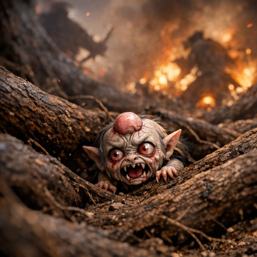 The true, mouse-sized core body of Upper Moon 4 Hantengu hiding amidst the battlefield destruction.