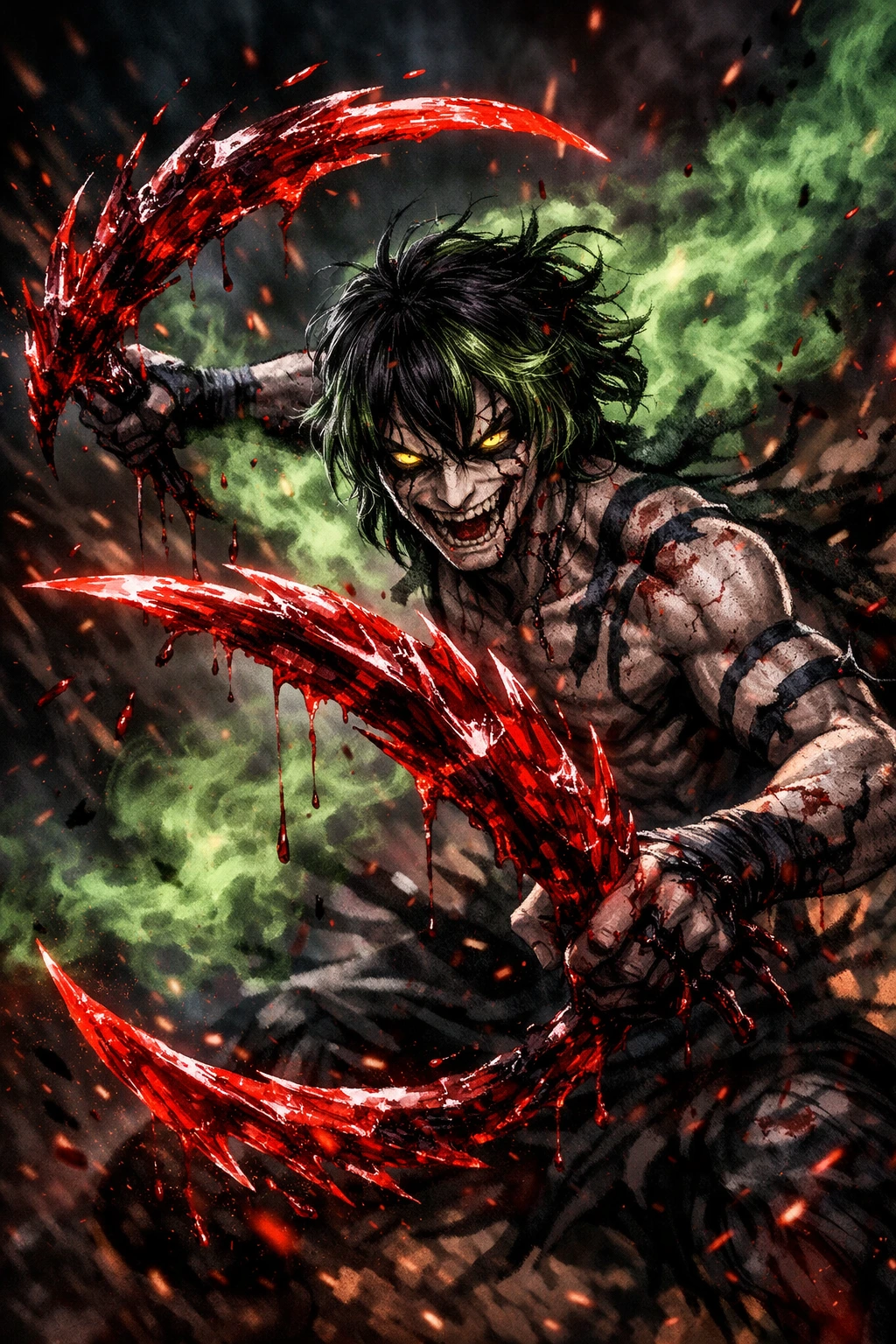 Gyutaro of Upper Moon 6 utilizing weaponized blood and lethal neurotoxin sickles.