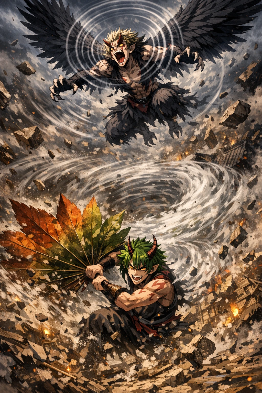 The avian clone Urogi and wind-manipulating clone Karaku of Upper Moon 4 Hantengu creating chaos.