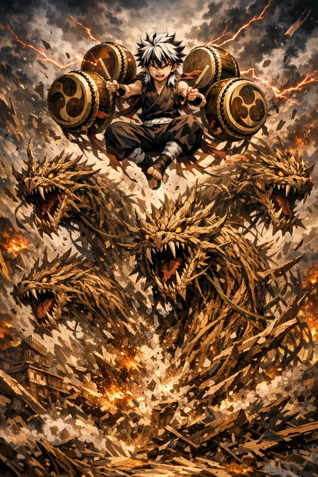 Zohakuten, the ultimate composite form of Upper Moon 4 Hantengu, commanding massive wood dragons.