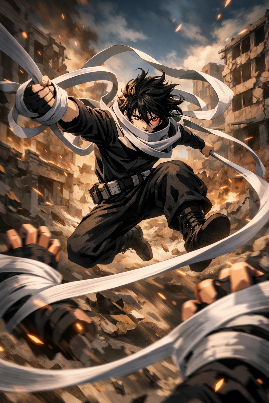 Eraser Head fighting villains using his signature binding cloth.