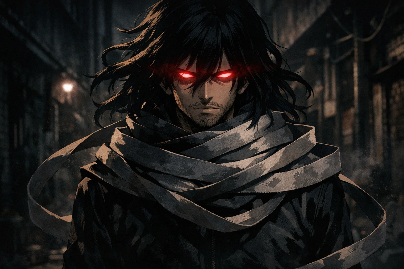Eraser Head from My Hero Academia standing in the shadows with glowing red eyes.