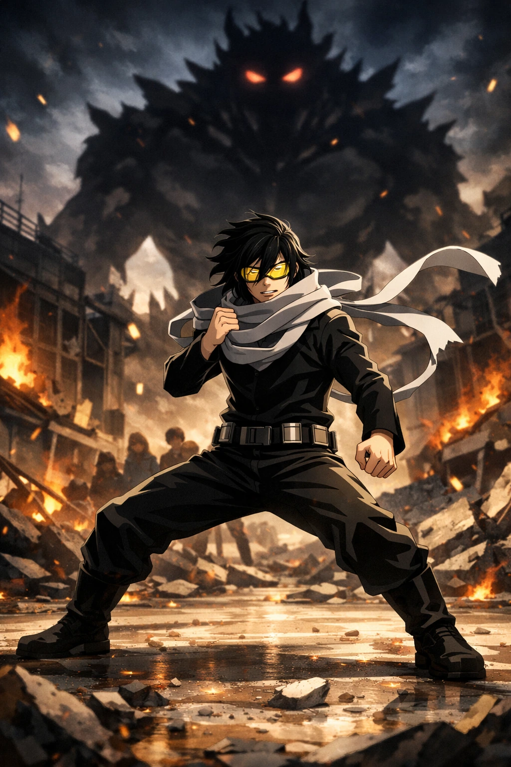Eraser Head defending his students during a massive villain attack.