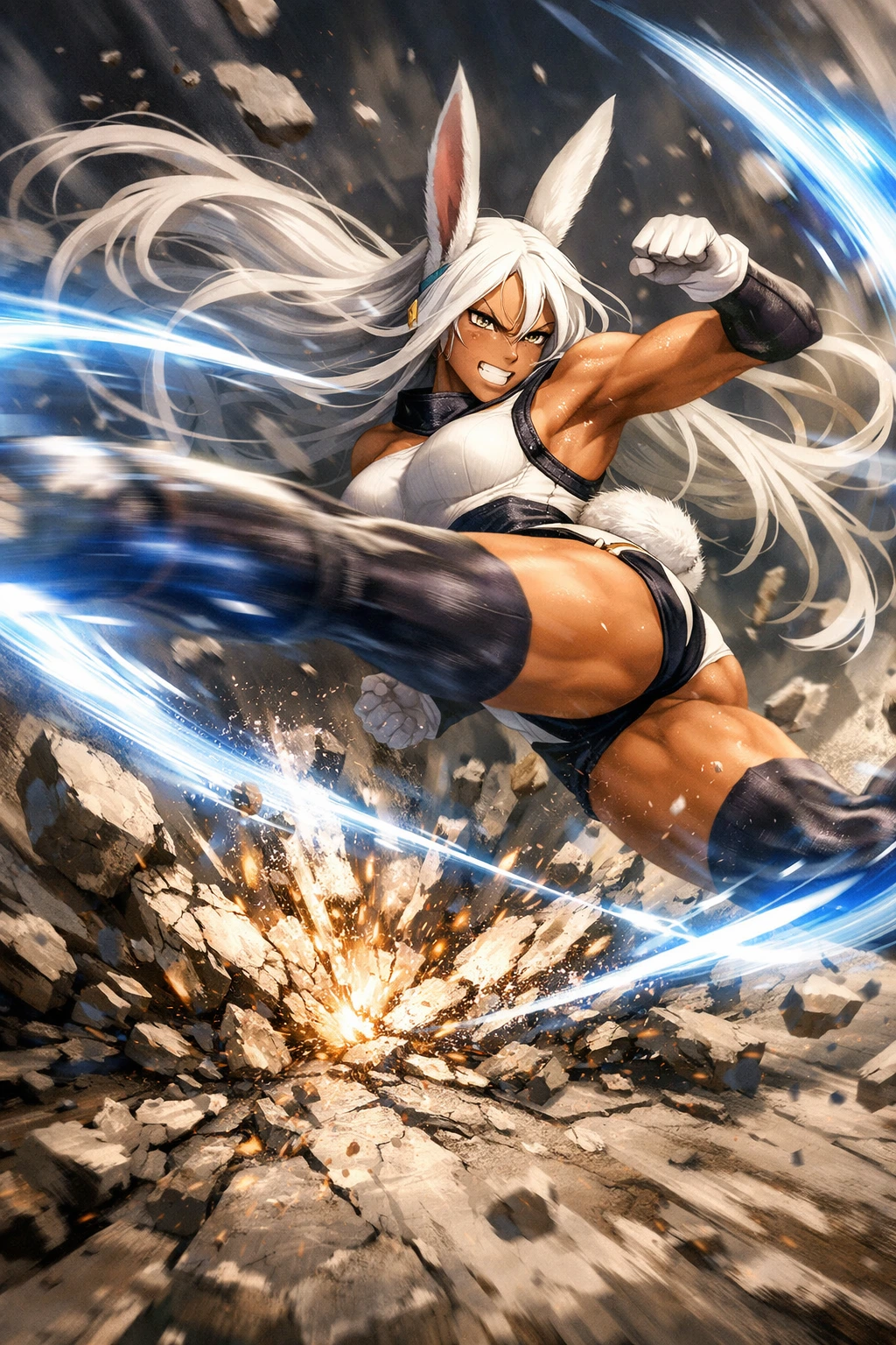 The devastating kinetic kick of Mirko My Hero Academia destroying concrete.