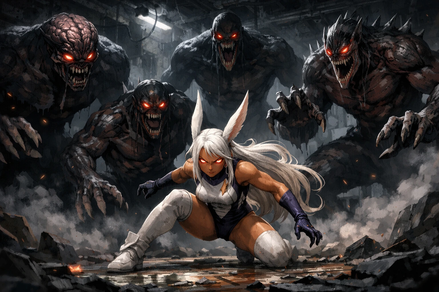 Mirko My Hero Academia fighting five terrifying Nomus in the Jaku Hospital raid.