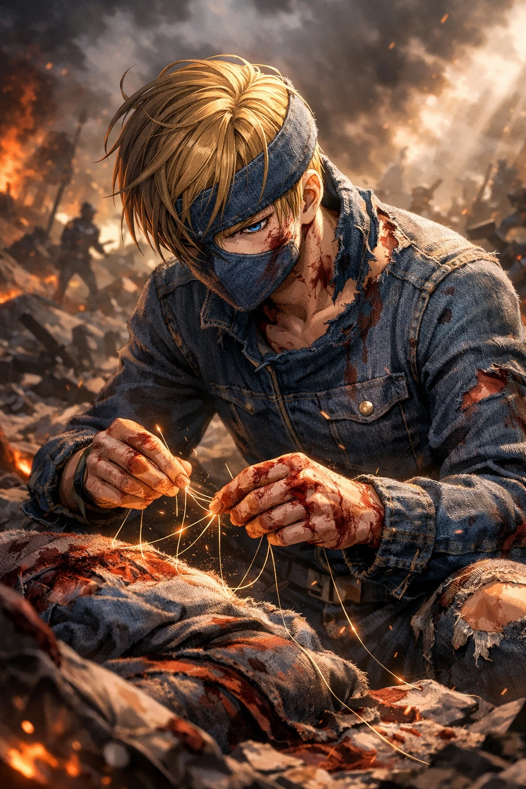 Best Jeanist displaying his unbreakable will on a chaotic battlefield.