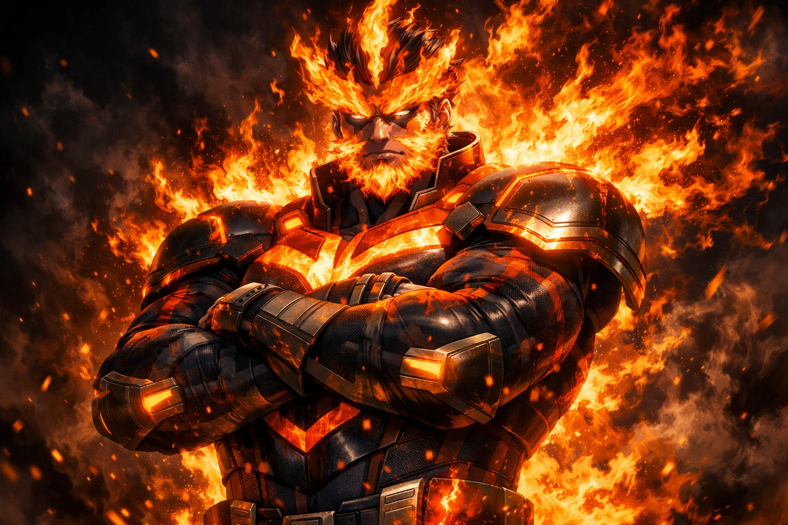A cinematic look at the fierce Endeavor My Hero Academia engulfed in intense flames.
