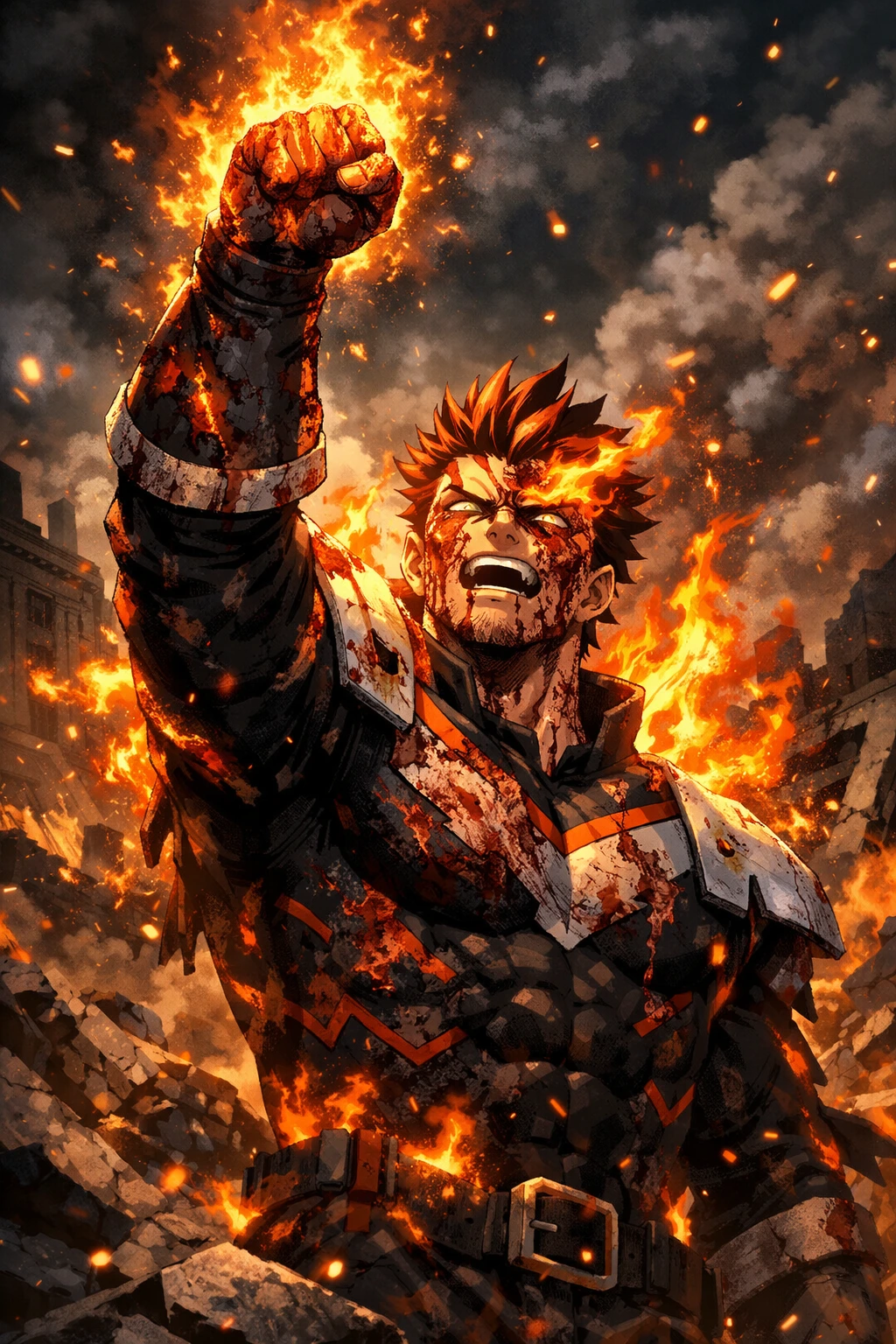 A heavily battle-scarred Endeavor My Hero Academia raising his fist as the Number One Hero.