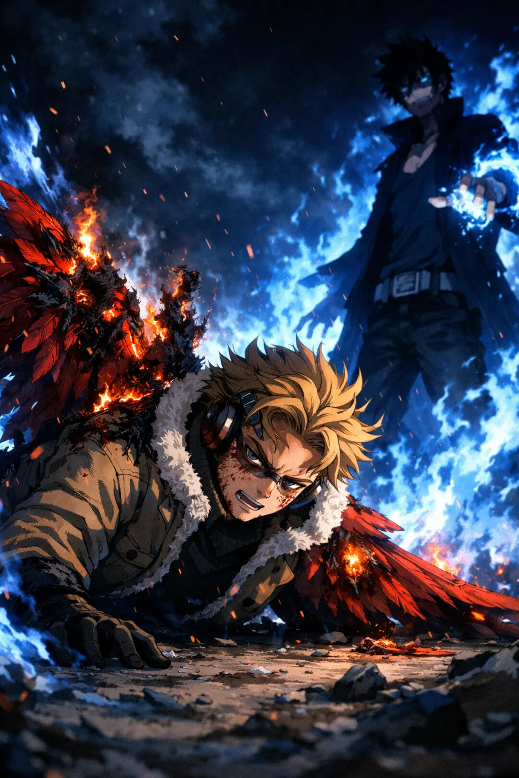 The terrifying moment Hawks My Hero Academia loses his wings to Dabi's blue flames.