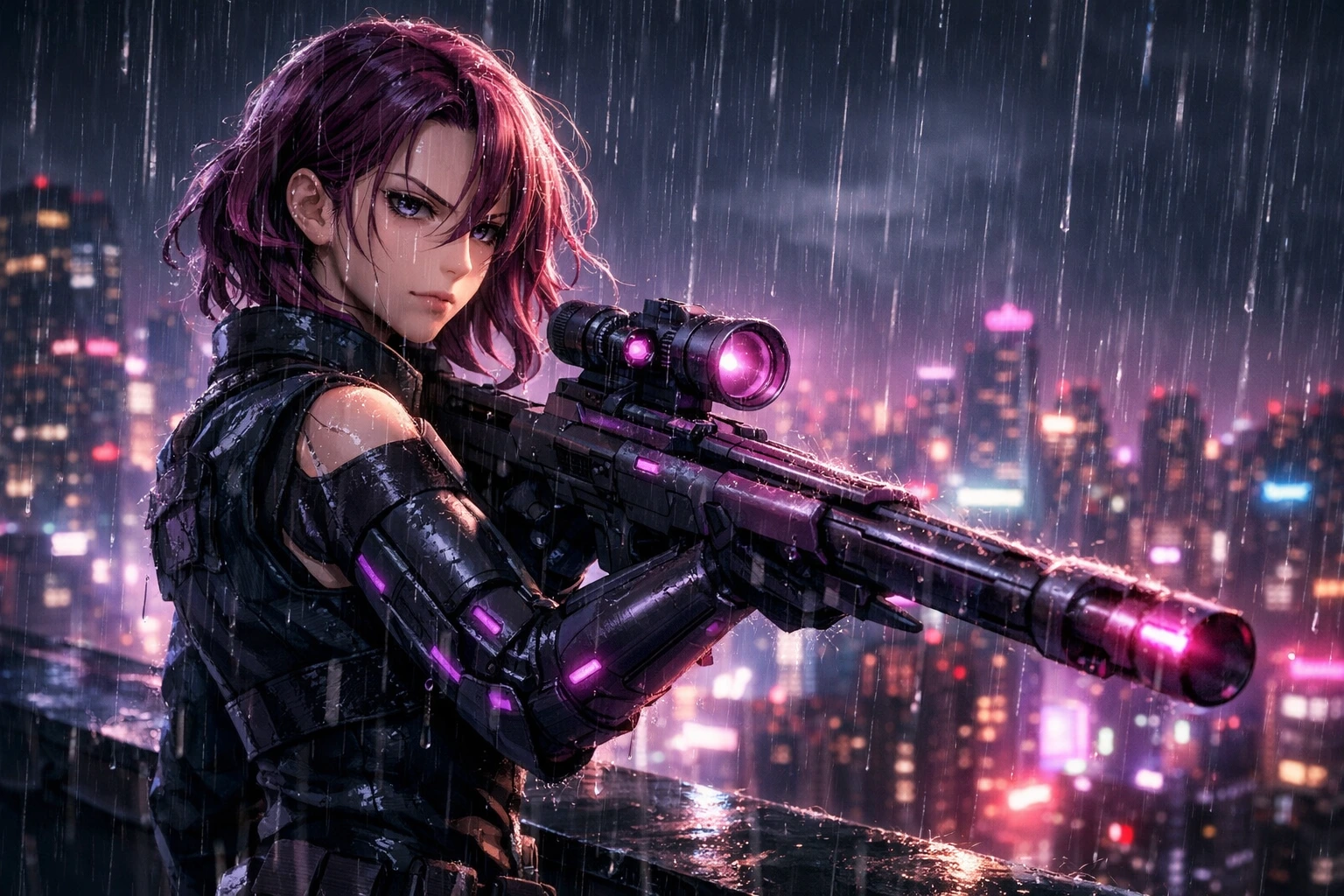 Lady Nagant standing in the rain with her sniper rifle in My Hero Academia.