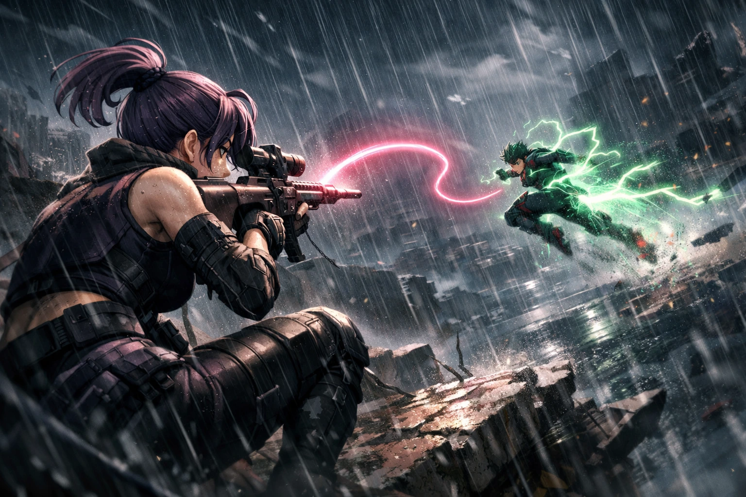 The intense tactical sniper battle between Izuku Midoriya and Lady Nagant.