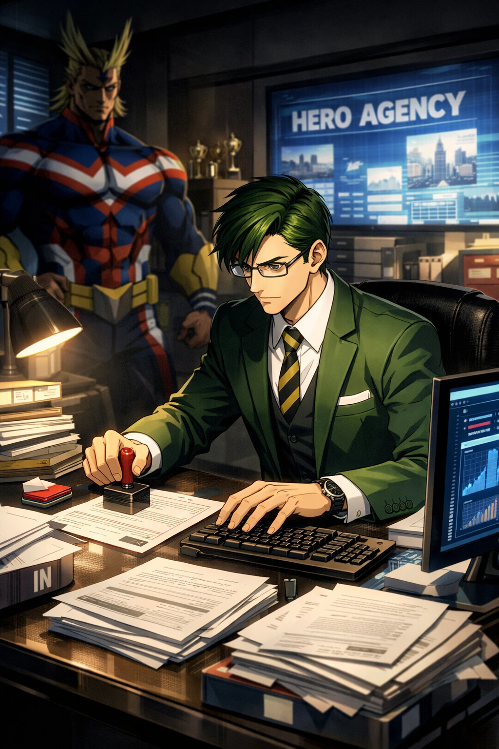Sir Nighteye doing bureaucratic work as the perfect hero sidekick.