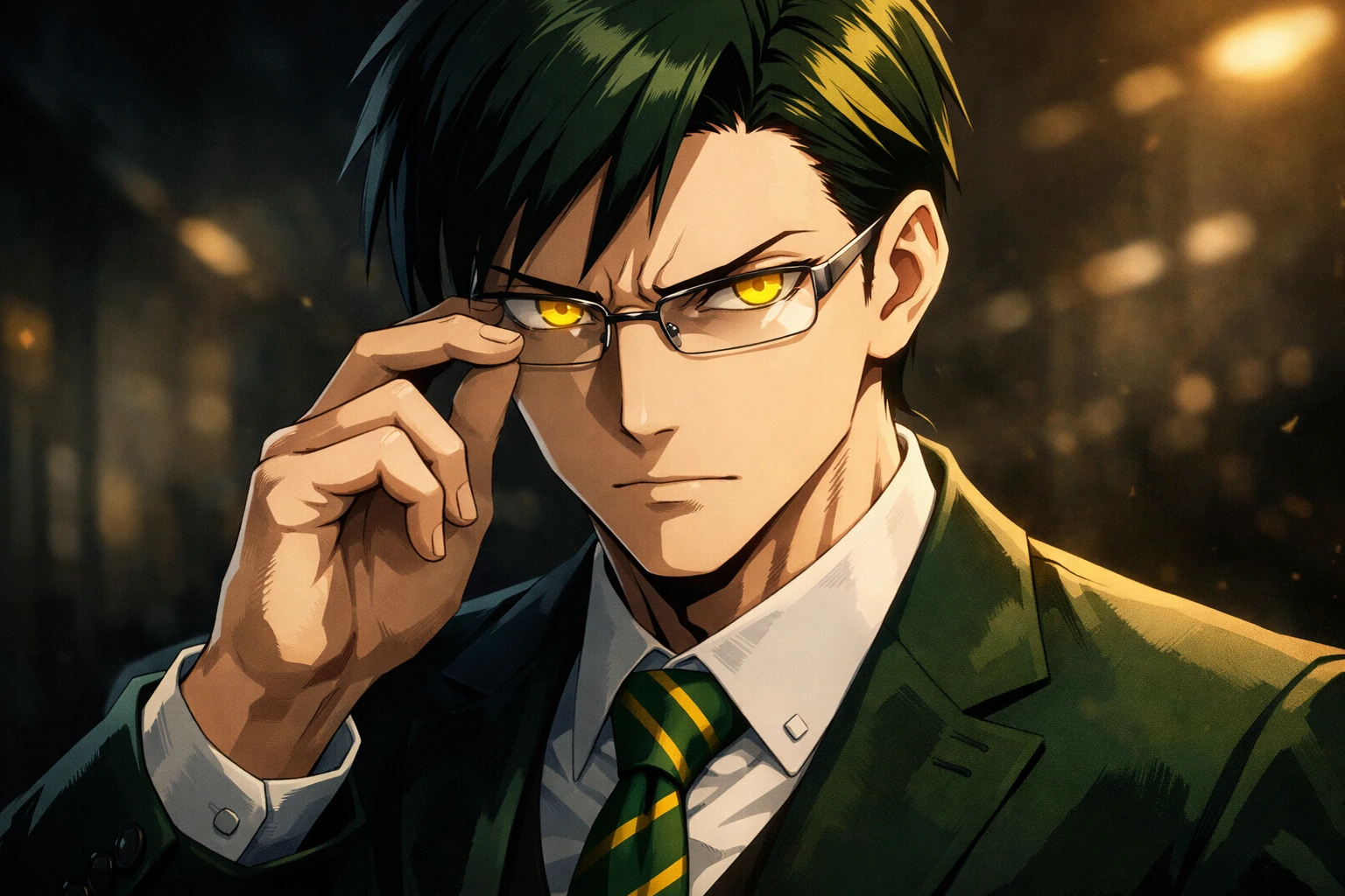 A cinematic portrait of Sir Nighteye adjusting his glasses.
