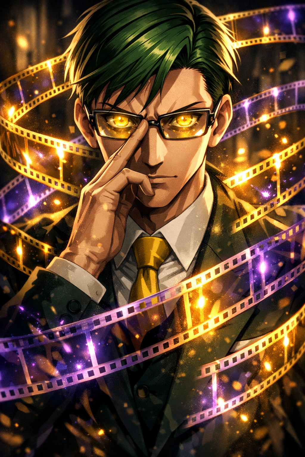 Sir Nighteye activating his Foresight Quirk with glowing film reels.