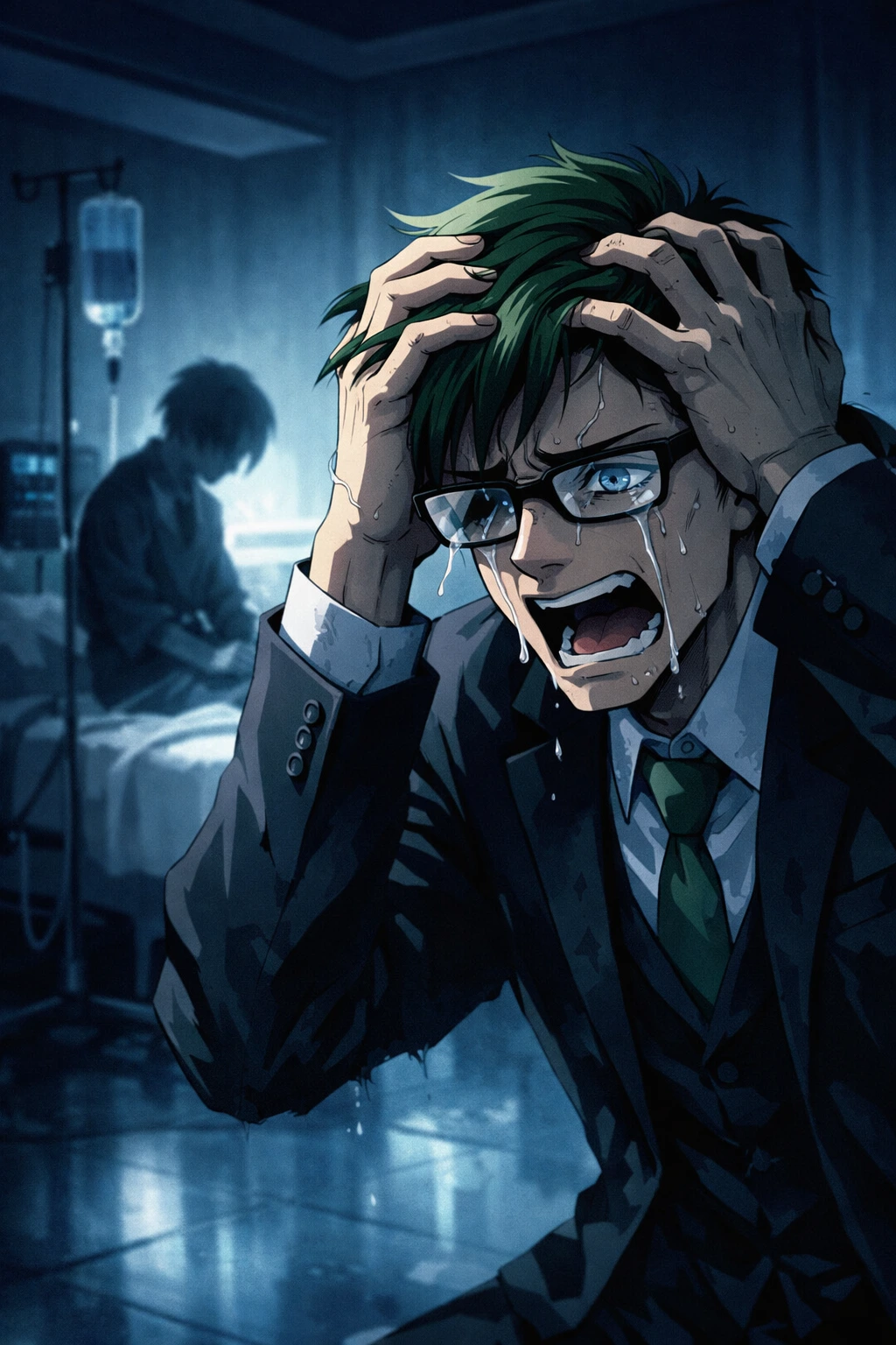 Sir Nighteye experiencing a tragic vision in a dark hospital room.