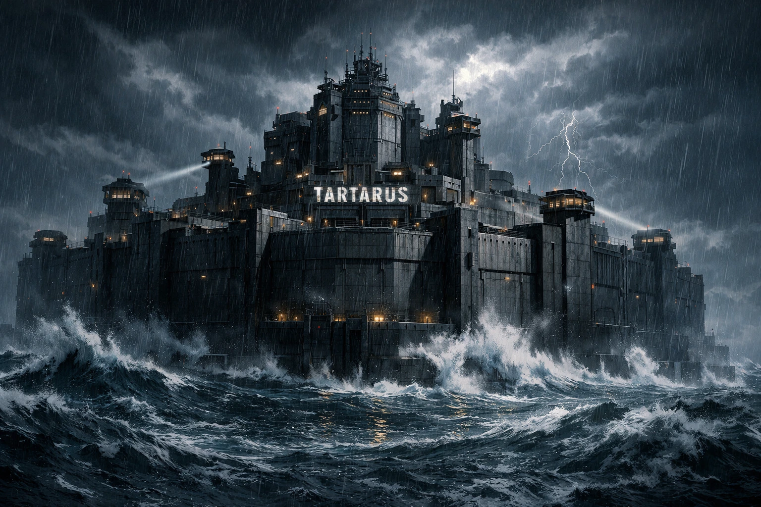 An ominous exterior view of the inescapable prison, Tartarus My Hero Academia, surrounded by a stormy ocean.