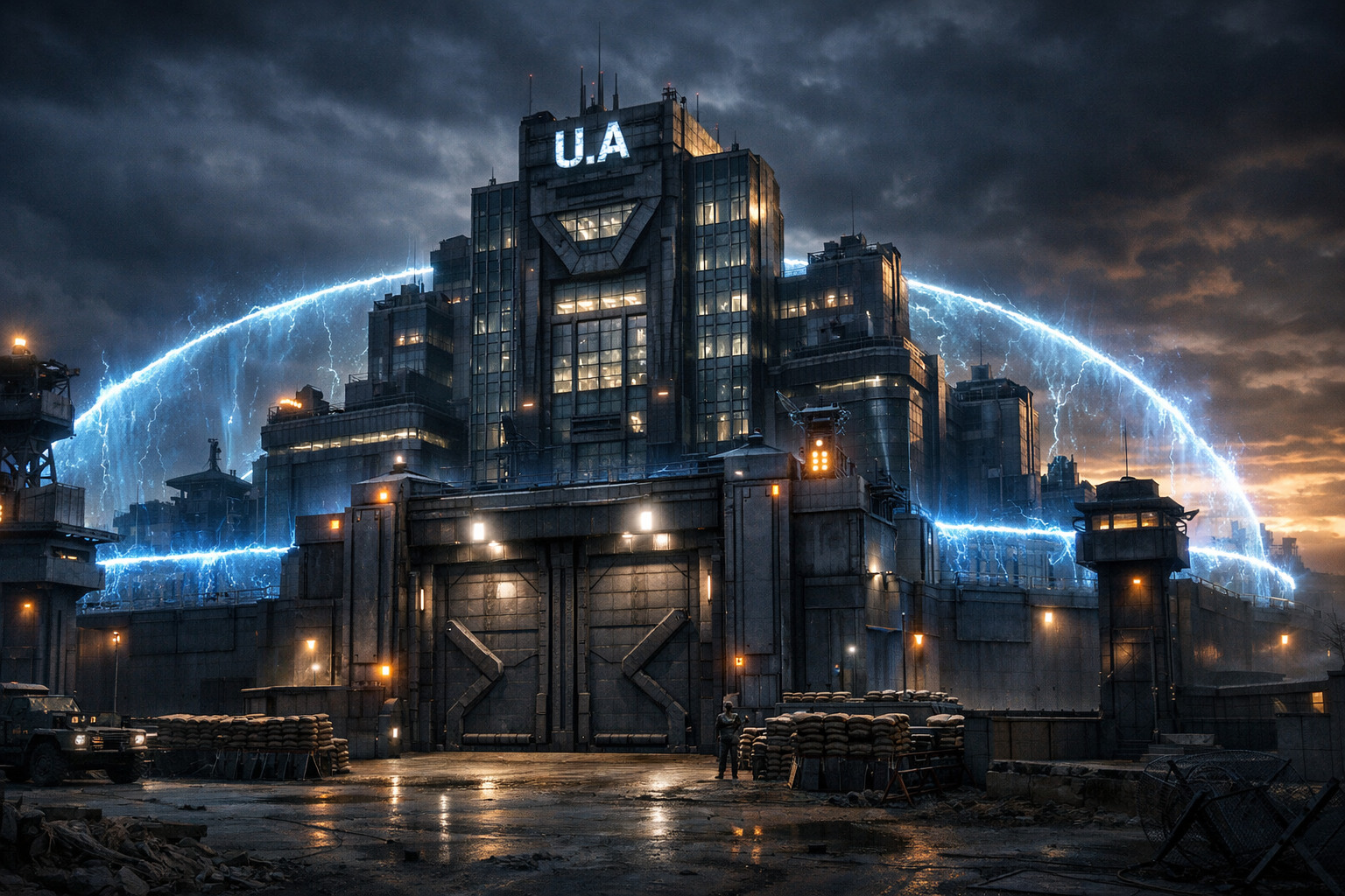 A dark and heavily fortified view of U.A. High School operating as an apocalypse bunker.