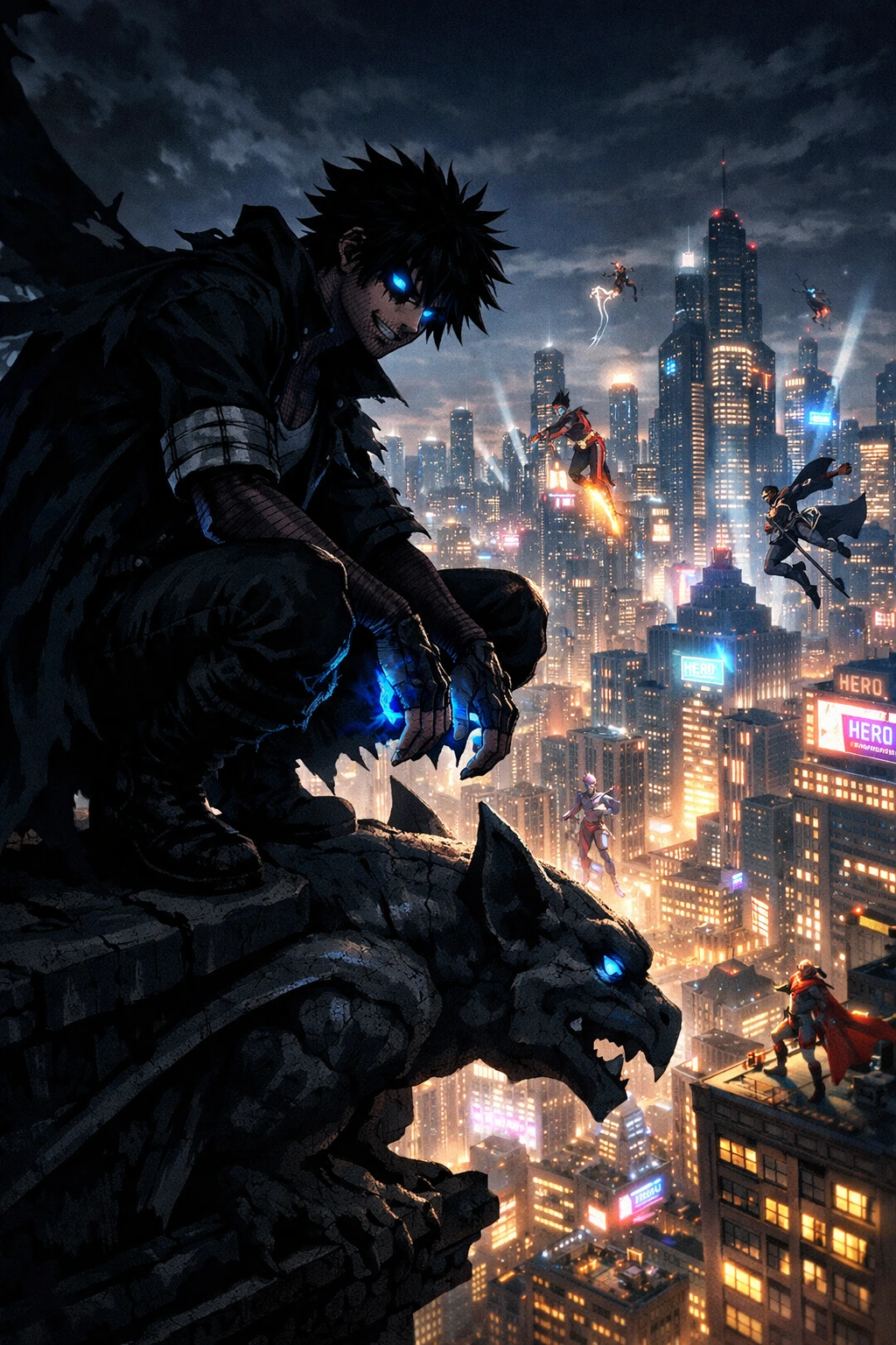 Dabi My Hero Academia looking down on hero society with a sinister smile.