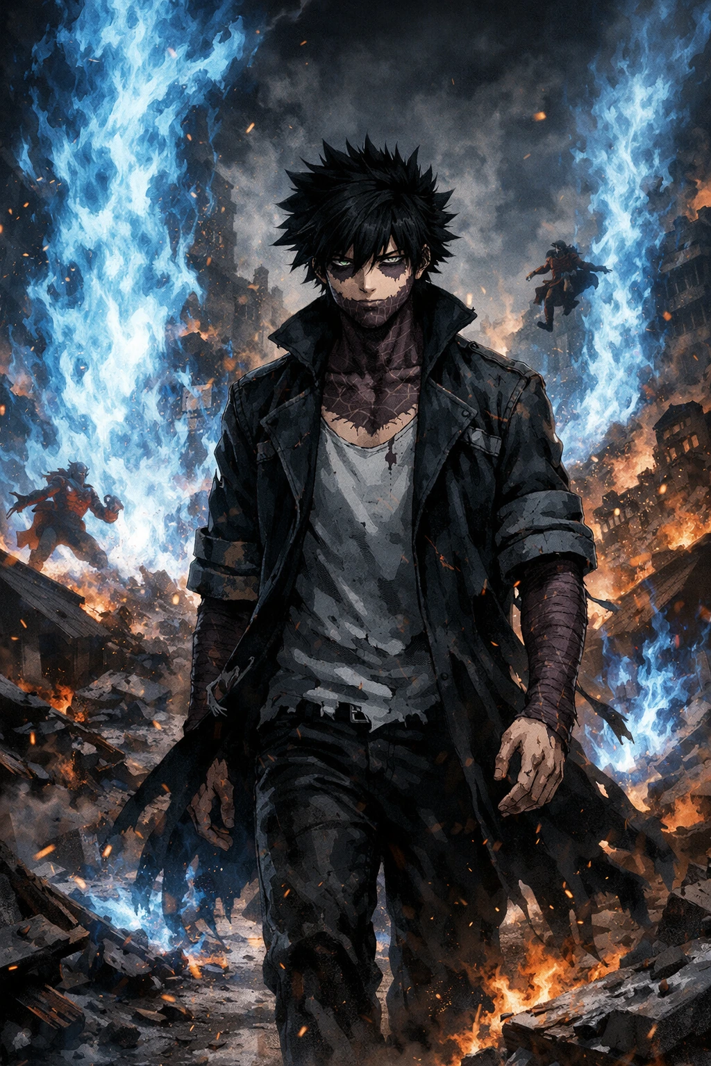 Dabi My Hero Academia fighting pro heroes with cold apathy as a League of Villains member.