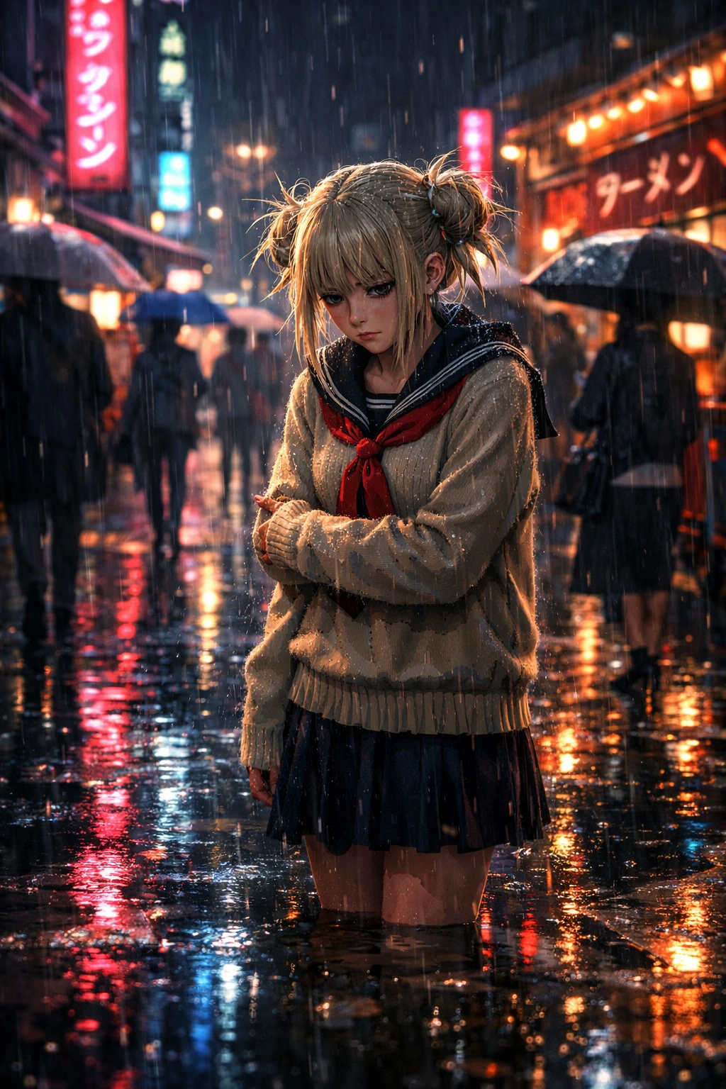 Himiko Toga looking alone in the rain representing Hero Society failure