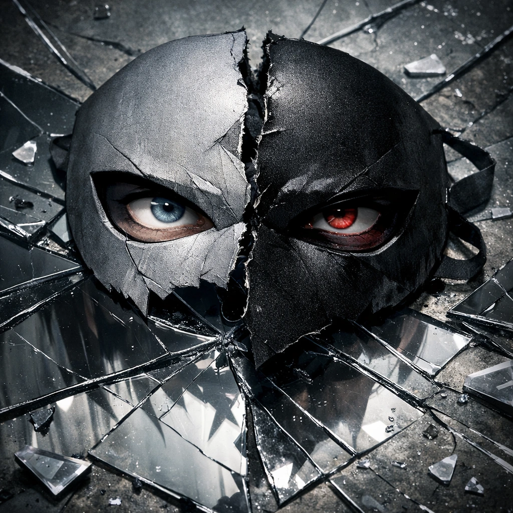 The iconic black and grey mask of Jin Bubaigawara representing his split personality.